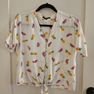 Velvet Heart Short Sleeve Button-Down Fruit Print Crop Tie XS